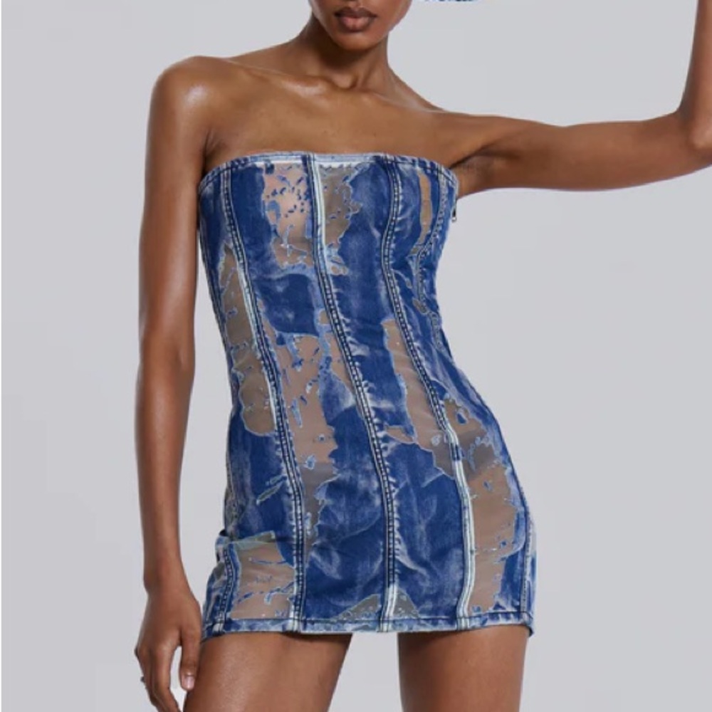 Jaded London Zion Mini Dress Lace Up Corset Mesh Denim UK 10 US 6 SMALL - Picture 1 of 12